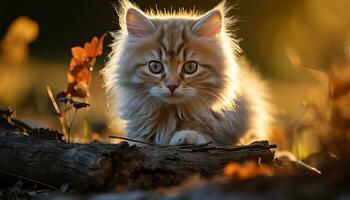 Cute kitten playing in the grass, staring at the sunset generated by AI photo