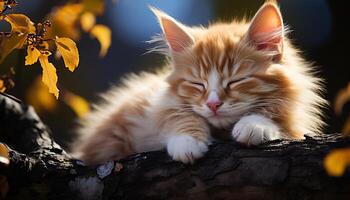 Cute kitten playing in the grass, resting under autumn tree generated by AI photo
