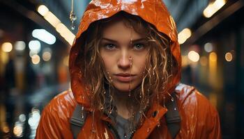 Young woman smiling in the rain, looking at camera, beautiful generated by AI photo