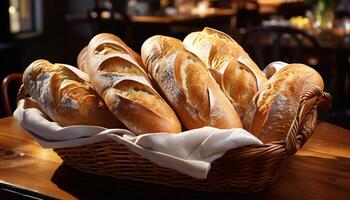 Freshly baked bread in a rustic wicker basket on a table generated by AI photo