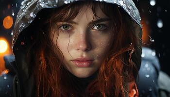 Young woman smiling, looking at camera, enjoying the winter rain generated by AI photo