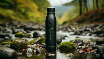 Fresh water in a bottle, reflecting nature beauty and freshness generated by AI photo