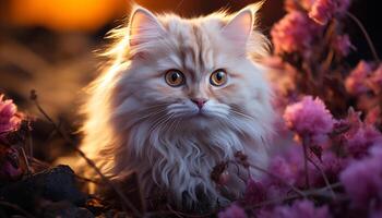 Cute kitten sitting in grass, looking at camera, playful nature generated by AI photo