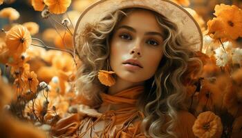 Young woman with long blond hair smiling in autumn forest generated by AI photo