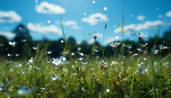Freshness of summer meadow green grass, vibrant flowers, blue sky generated by AI photo