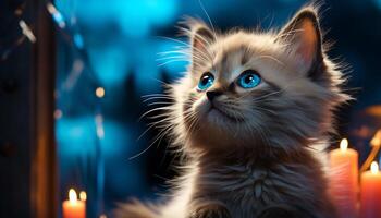 Fluffy kitten staring, playful, illuminated by candle flame outdoors generated by AI photo