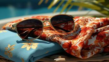 Fashionable sunglasses reflect the vibrant colors of a sunny summer generated by AI photo