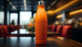 Empty glass bottle on table in modern bar establishment generated by AI photo