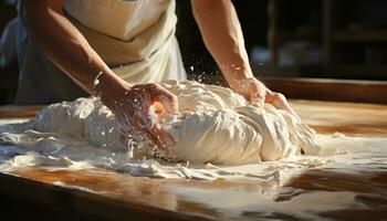 A baker hand kneading dough on a wooden table generated by AI photo