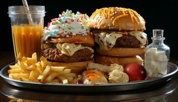 gastrónomo hamburguesa, A la parrilla carne, Fresco papas fritas, refrescante reajuste salarial, americano comida generado por ai foto