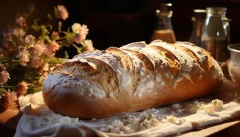 Freshly baked homemade bread on rustic wooden table generated by AI photo