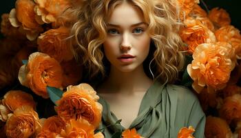 A beautiful young woman with curly blond hair and a yellow dress, surrounded by flowers, exudes elegance and sensuality generated by AI photo