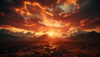 Dramatic sky reflects tranquil sunset over mountain peak in nature generated by AI photo