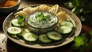 Fresh vegetarian salad with cucumber, tomato, and mint leaf garnish generated by AI photo