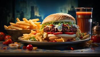 Grilled beef burger with fries, cheese, and fresh tomato generated by AI photo