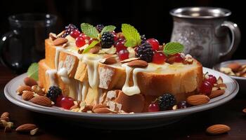 Homemade gourmet dessert sweet pie with raspberry and chocolate generated by AI photo