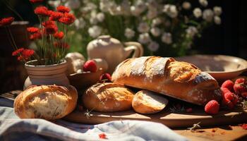 Freshly baked bread on rustic wooden table, a gourmet summer meal generated by AI photo