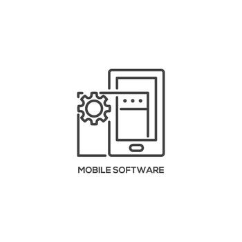 móvil software icono, teléfono sistema desarrollo, tecnología concepto. moderno firmar, lineal pictograma, contorno símbolo, sencillo Delgado línea vector diseño elemento modelo