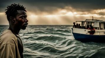 ai generado lleno barcos lleno de ilegal migrantes atravesando tormenta lleno de esperanza de mejor futuro foto