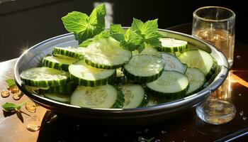 Fresh vegetarian salad with organic cucumber, tomato, and green leaf generated by AI photo