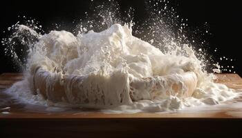 Fresh dough spinning on wooden table, preparing homemade bread generated by AI photo