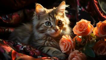 linda gatito sentado al aire libre, mirando a cámara, rodeado por flores generado por ai foto