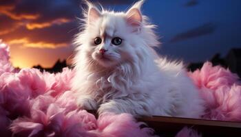 Cute kitten sitting outdoors, playful and fluffy, surrounded by flowers generated by AI photo