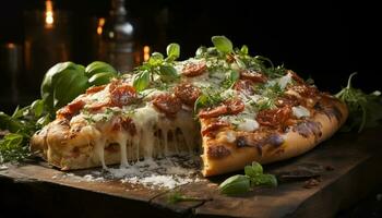 recién horneado hecho en casa Pizza con Derretido queso Mozzarella y tomate salsa generado por ai foto