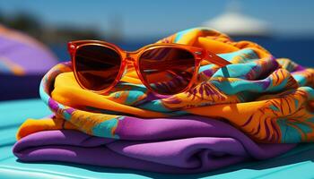 Fashionable sunglasses in vibrant colors for summer vacations outdoors generated by AI photo