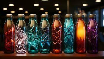 A vibrant collection of multi colored glass bottles reflects bright colors generated by AI photo