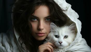 linda mujer con largo pelo sonriente, mirando a adorable gatito generado por ai foto