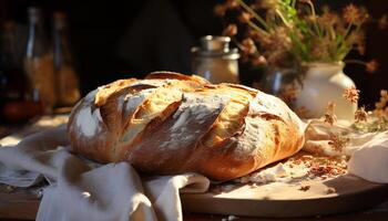 Freshly baked homemade bread on rustic wooden table, healthy and delicious generated by AI photo