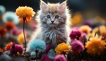 Cute kitten sitting in meadow, surrounded by colorful flowers generated by AI photo