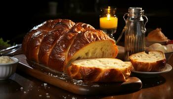 Freshly baked ciabatta on a rustic wooden table generated by AI photo