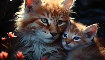 Cute kitten playing in grass, staring at camera with love generated by AI photo