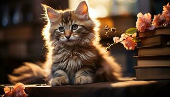 Cute kitten sitting, looking at camera, playful with flower generated by AI photo