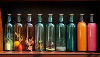 un colección de vistoso vaso botellas, Fresco medicina y bebida generado por ai foto