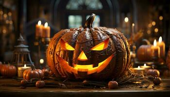 Spooky pumpkin lanterns illuminate the dark Halloween night generated by AI photo