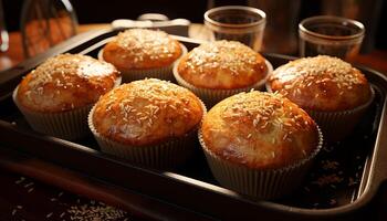 Freshly baked homemade muffin on rustic wooden table generated by AI photo