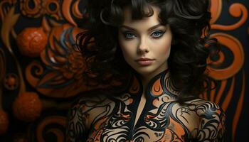 Beautiful young woman with curly brown hair and glamorous makeup generated by AI photo