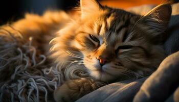 Cute kitten sleeping, fluffy fur, striped, staring with tired eyes generated by AI photo