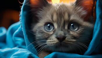 Cute kitten staring, fluffy fur, playful nature, beauty in nature generated by AI photo