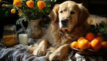 Cute puppy sitting, looking at camera, eating fresh fruit generated by AI photo