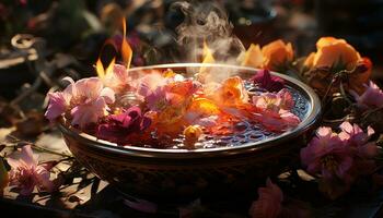 Flame burns, petals blossom, spirituality in nature celebration generated by AI photo