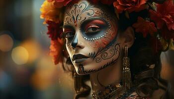uno mujer elegancia y belleza en un tradicional festival máscara generado por ai foto