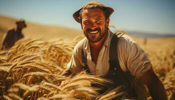 Smiling farmer in nature, harvesting wheat under the sun generated by AI photo