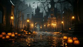 Spooky Halloween night, pumpkin lanterns illuminate old tombstones generated by AI photo