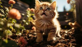 Cute kitten playing in the grass, nature beauty in focus generated by AI photo