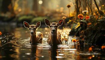 Young deer looking at camera in beautiful autumn meadow generated by AI photo