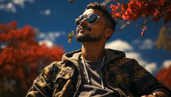 un contento hombre en Gafas de sol disfruta otoño al aire libre, rodeado por arboles generado por ai foto